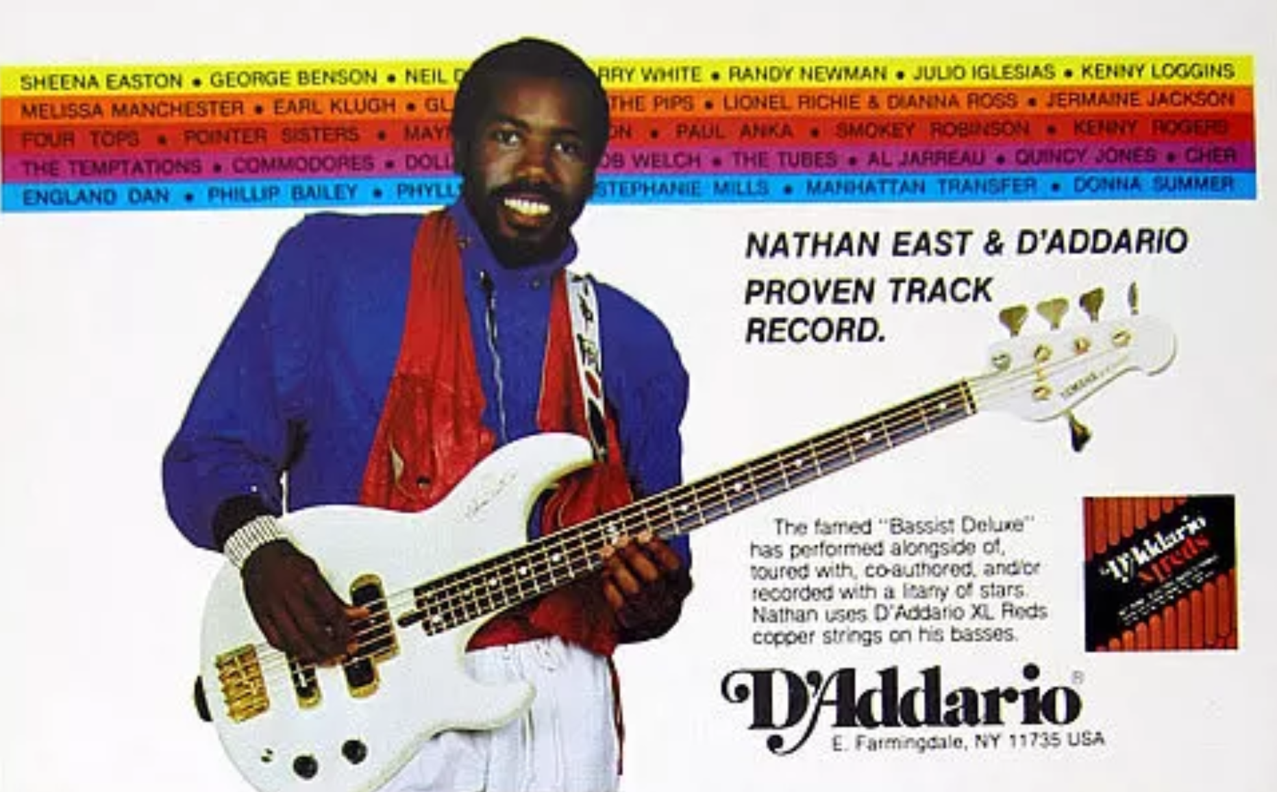 Nathan East in a d'Addario ad featuring his famous white Yamaha BB5000 bass. 